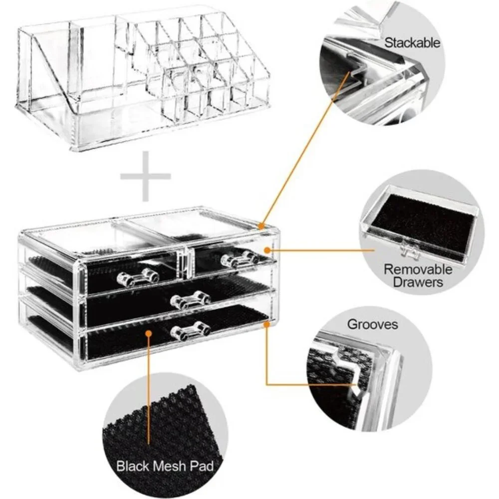 New Acrylic Makeup Organizer with 4 Drawers & Lipstick Holder for Vanity & Room